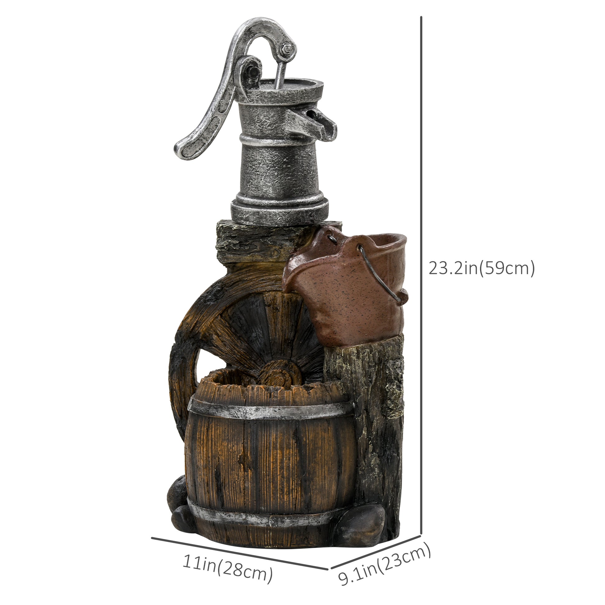 Rustic Waterfall Fountain with Old Fashion Pump Barrel Wheel, 3-Tier Cascading Outdoor Fountain with Adjustable Flow, De