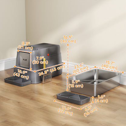 80L XL Stainless Steel Cat Litter Box for Big Cats with Flip Cover, Pull-Out Drawer Tray, High Sided, Pedal, Dark Grey