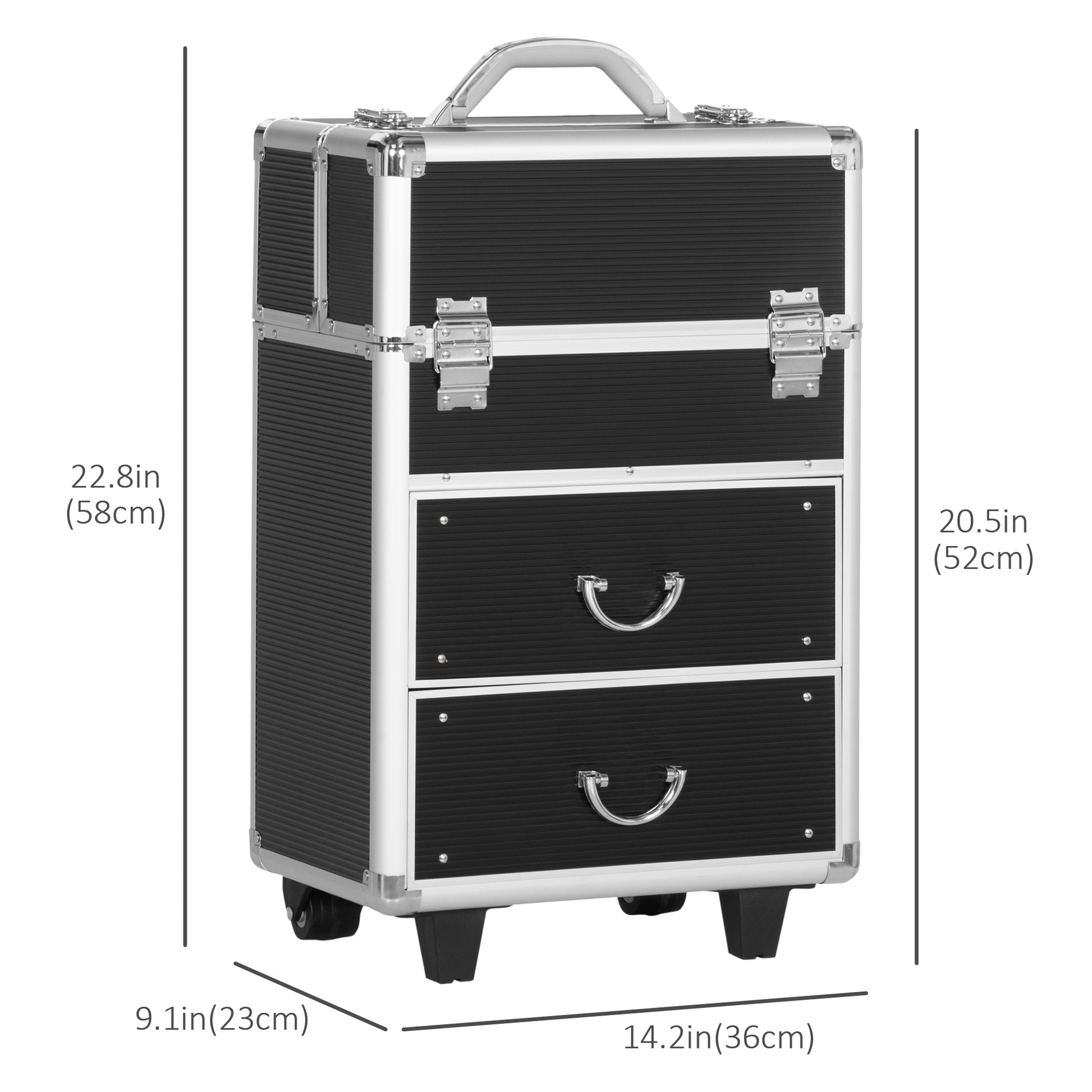 Aluminum Rolling Makeup Train Case, Portable Professional Cosmetic Makeup Case, Lockable Traveling Cart Trunk with Foldi