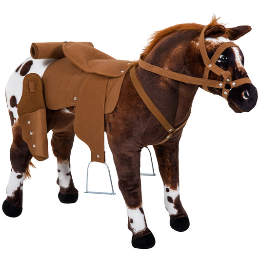 Qaba Standing Ride on Horse, Plush Pony Toy for Kids with Neighing Sound, Soft Padding, for Cowboy Cowgirl Aged 3-8 Year