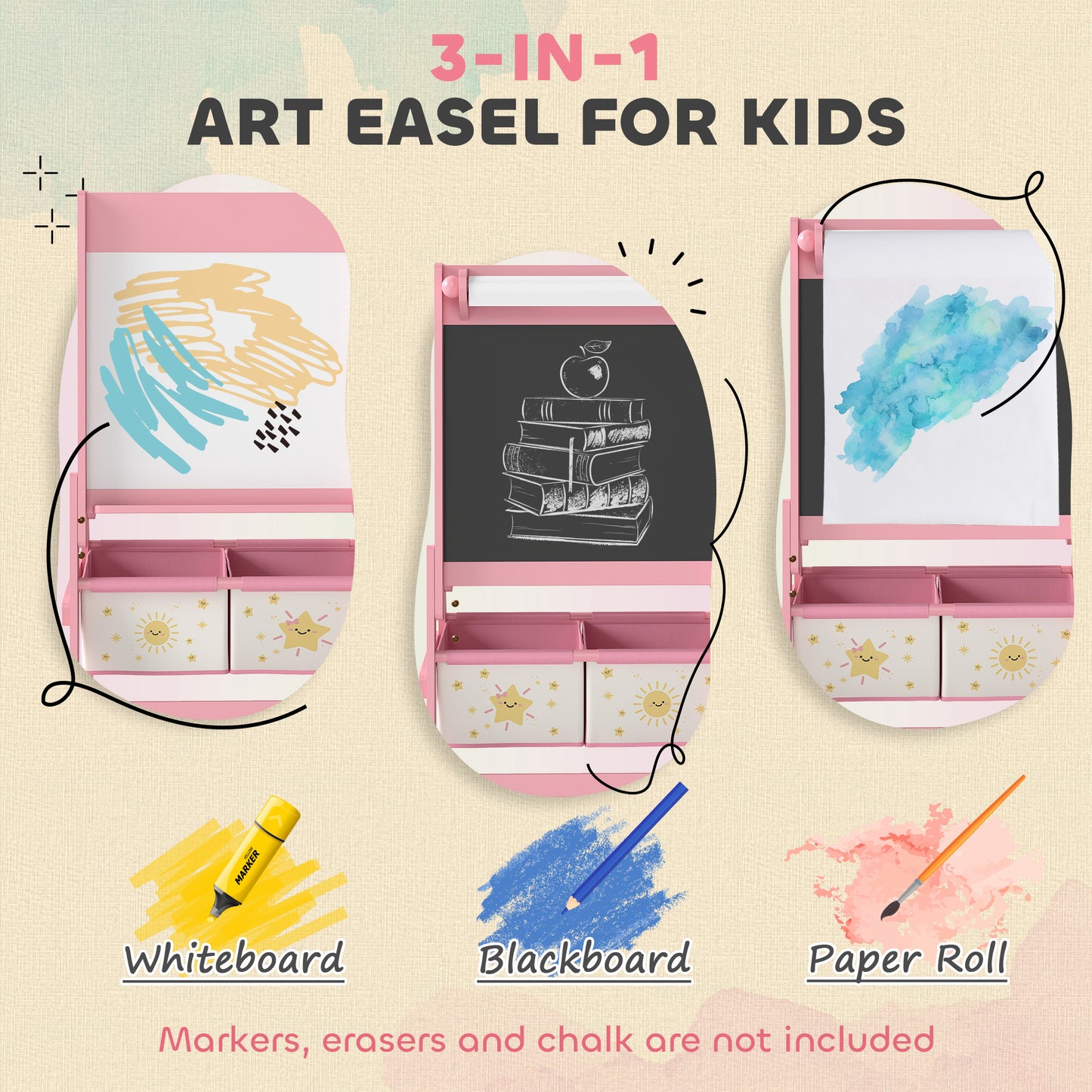 Qaba Art Easel for Kids, Double-Sided Whiteboard & Chalkboard with Paper Roll, 2 Storage Boxes, Gift for Boys, Girls, Pi
