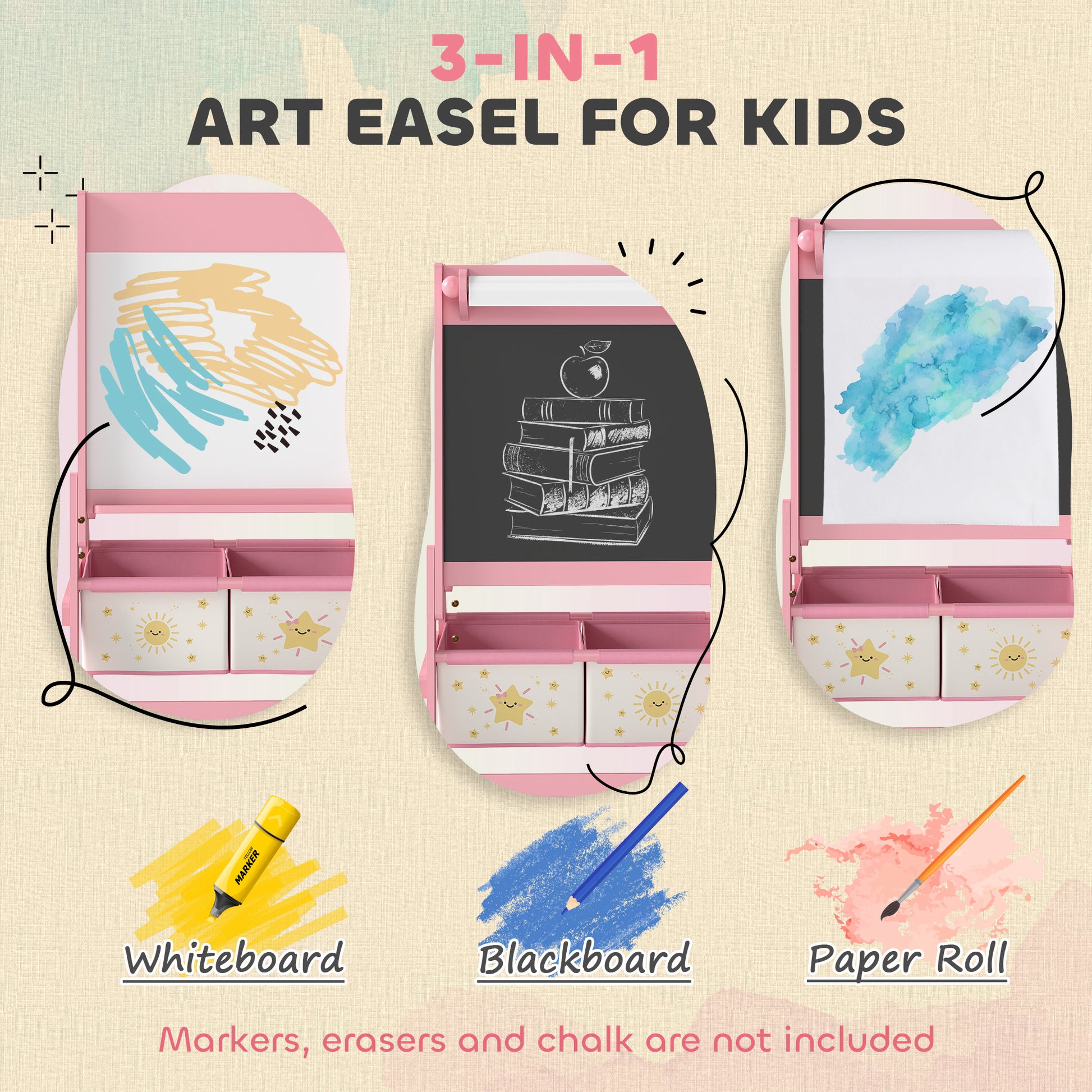 Qaba Art Easel for Kids, Double-Sided Whiteboard & Chalkboard with Paper Roll, 2 Storage Boxes, Gift for Boys, Girls, Pi