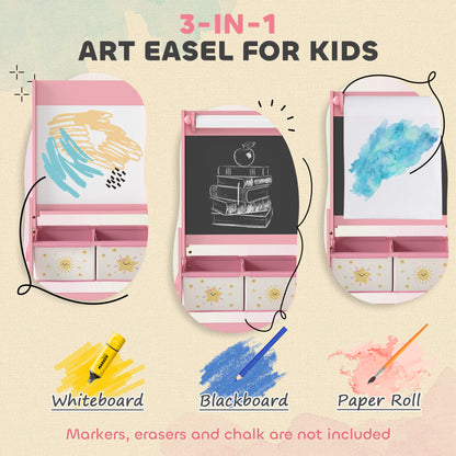 Qaba Art Easel for Kids, Double-Sided Whiteboard & Chalkboard with Paper Roll, 2 Storage Boxes, Gift for Boys, Girls, Pi