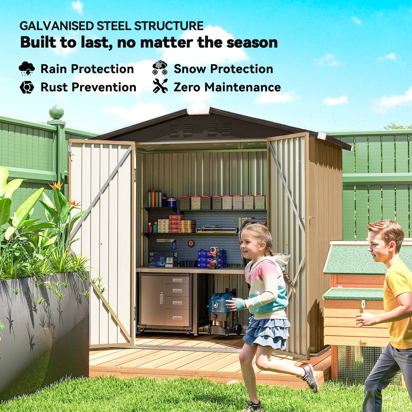 6.5' x 4'  Outdoor Storage Shed, Metal Garden Shed with Lockable Double Doors, 4 Vents, Yellow