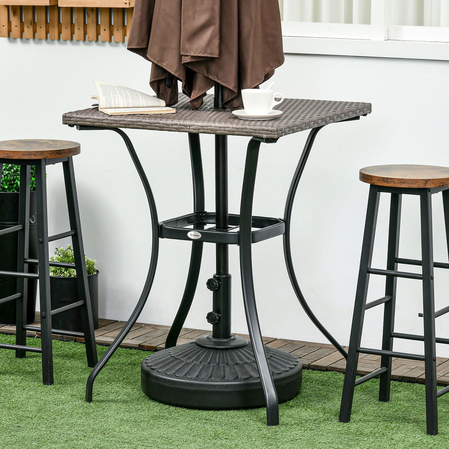 Patio Wicker Dining Table with Umbrella Hole, 34 Inch Outdoor PE Rattan Coffee Table with Plastic Board Under the Woven 