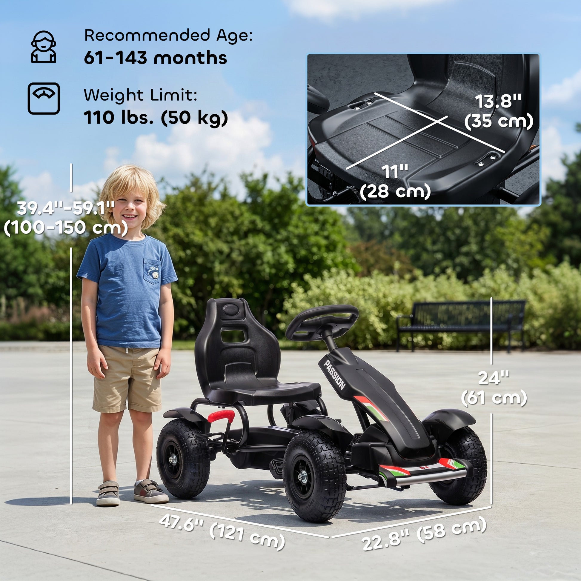 VarietyKart Pedal Go Kart for Kids, Pedal Car with Adjustable Bucket, Handbrake, 4 Rubber Wheels Powered Ride, Black