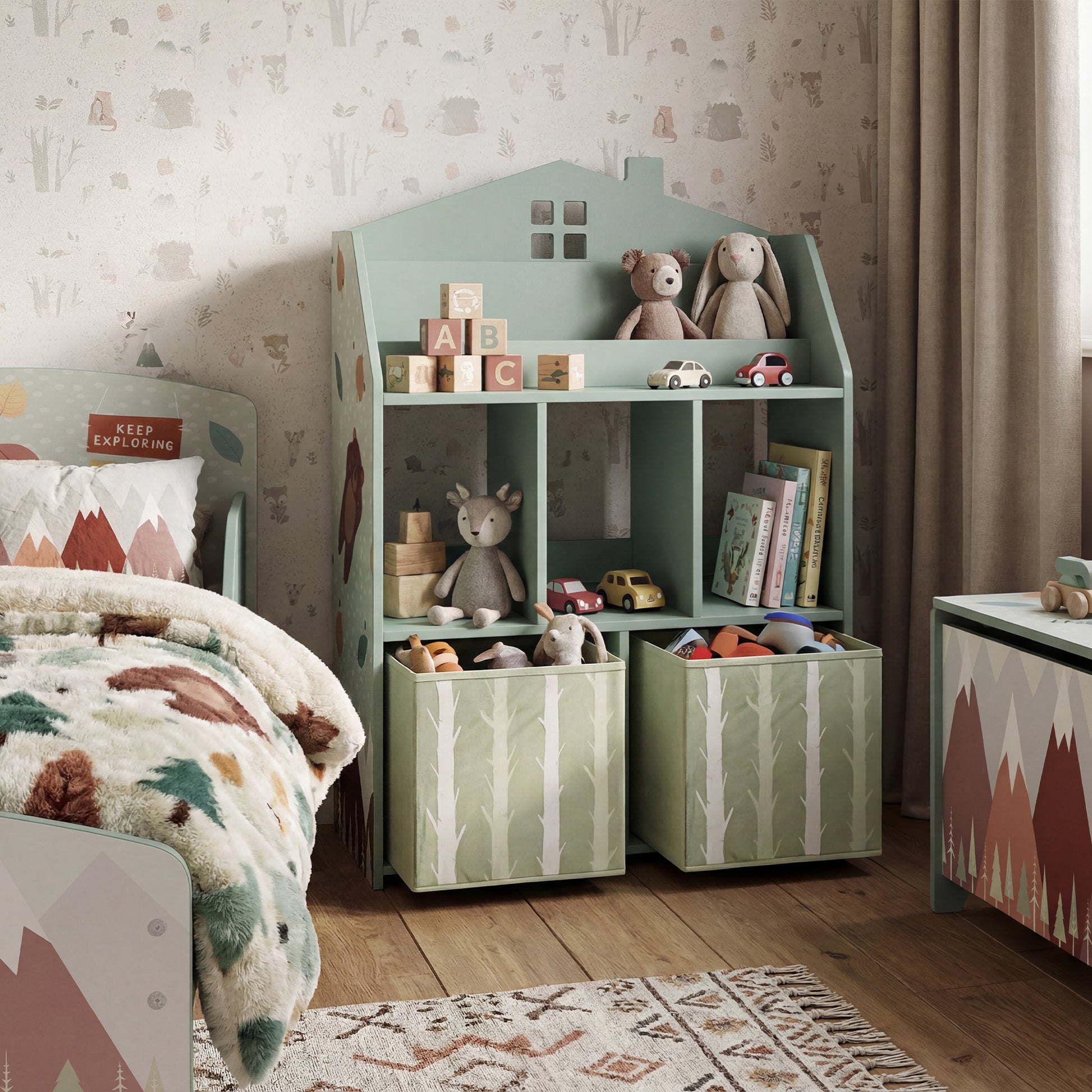 Qaba Kids Bookshelf with Storage, Toy Storage Unit with Book Display, Shelves and Fabric Drawers for Playroom Nursery, G