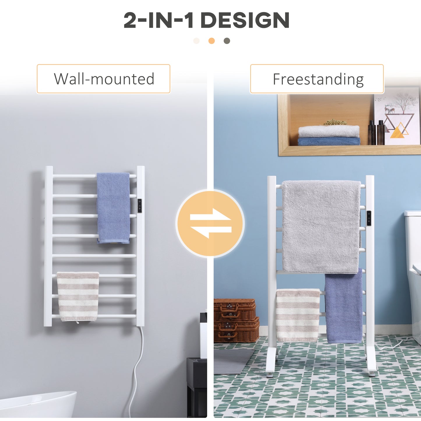 8-Bar Heated Towel Warmer Rack with Built-in Timer and LED Indicators, Wall Mounted & Free Standing Carbon Steel Electri
