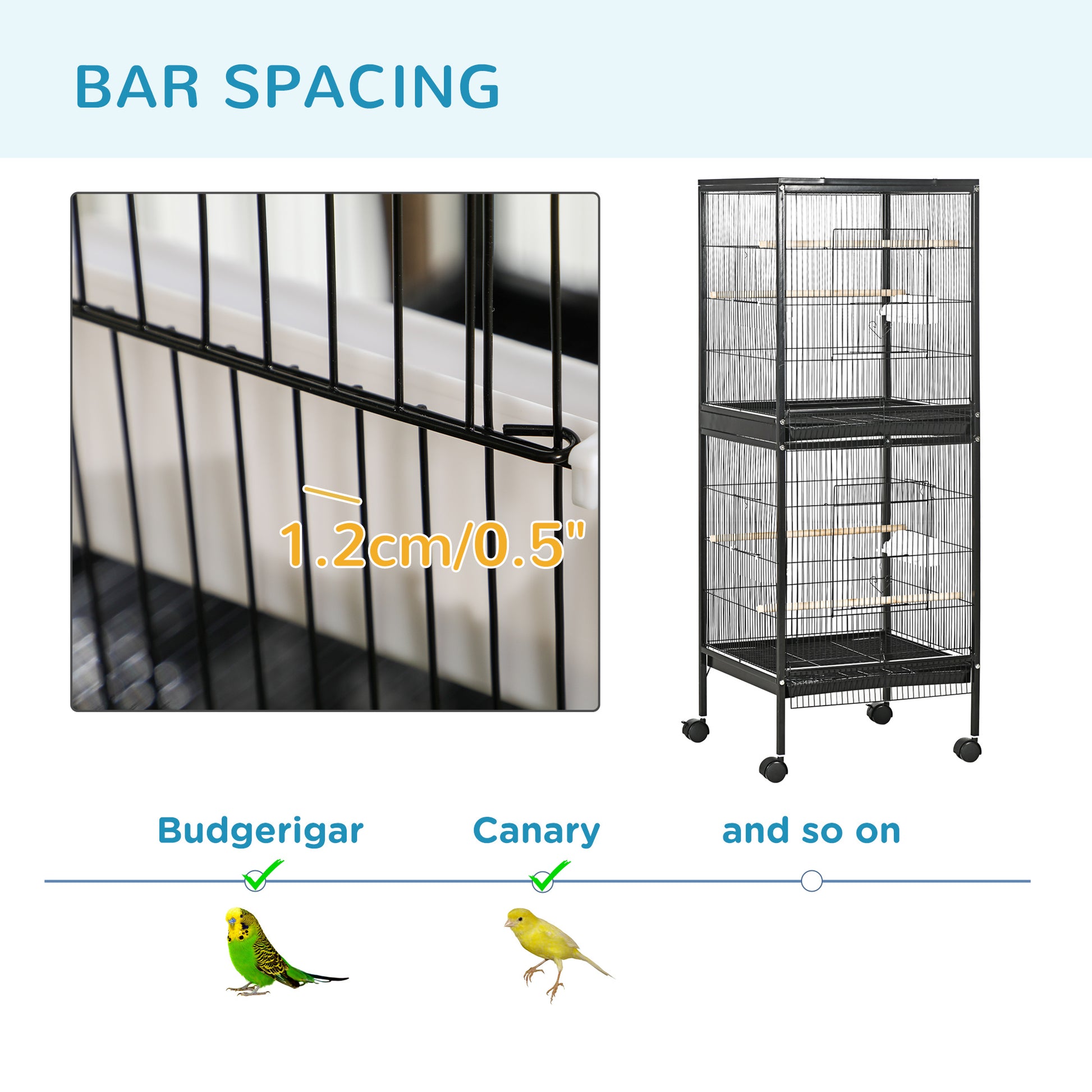 55.1" 2 In 1 Bird Cage Aviary Parakeet House for finches, budgies with Wheels, Slide-out Trays, Wood Perch, Food Contain