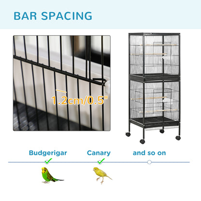 55.1" 2 In 1 Bird Cage Aviary Parakeet House for finches, budgies with Wheels, Slide-out Trays, Wood Perch, Food Contain
