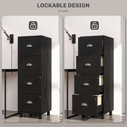 4 Drawer File Cabinet with Lock, Office Filing Cabinet, A4 Letter Size, Hanging File Folders, Black