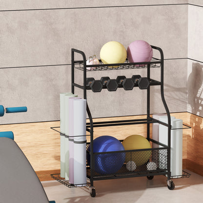 Soozier Garage Sports Equipment Organizer, Rolling Home Gym Storage Rack with Wheels, Dumbbell Rack and Ball Storage Hol