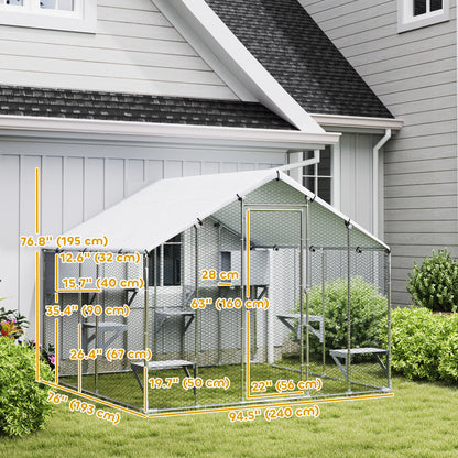 94.5" Extra Large Metal Outdoor Catio with Waterproof Cover, 2 Resting Boxes, 7 Platforms, for Multiple Rabbits, Chicken