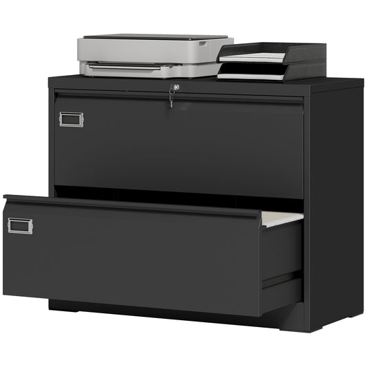 Lateral Filing Cabinet with 2 Drawers, Lockable Steel File Cabinet for A4/Letter/Legal Size Files, Black