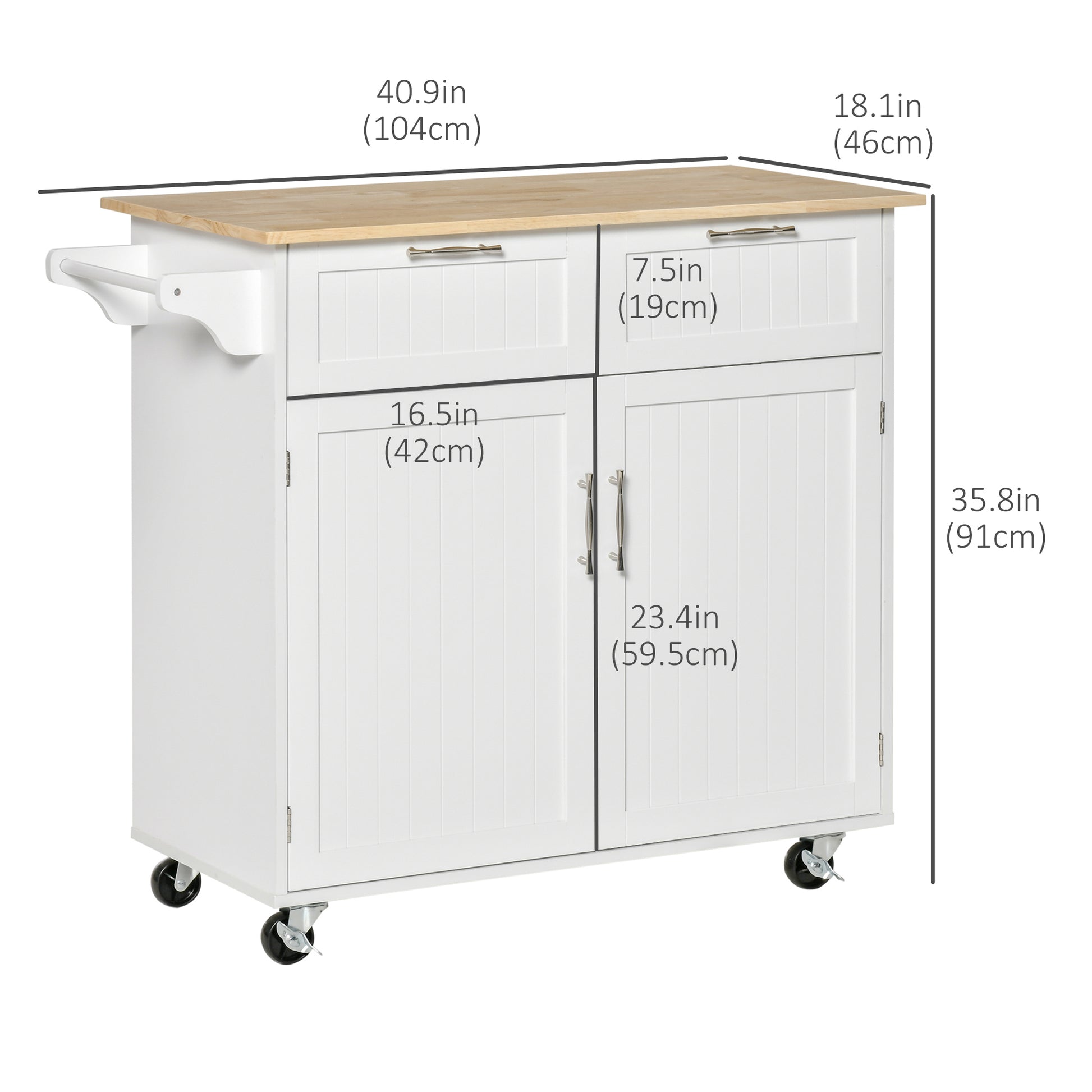 Rolling Kitchen Island with Storage, Rubber Wood Top and Towel Rack - White - Image 2