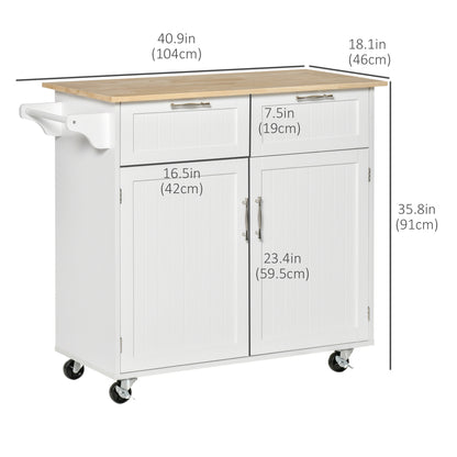 Rolling Kitchen Island with Storage, Rubber Wood Top and Towel Rack - White - Image 2
