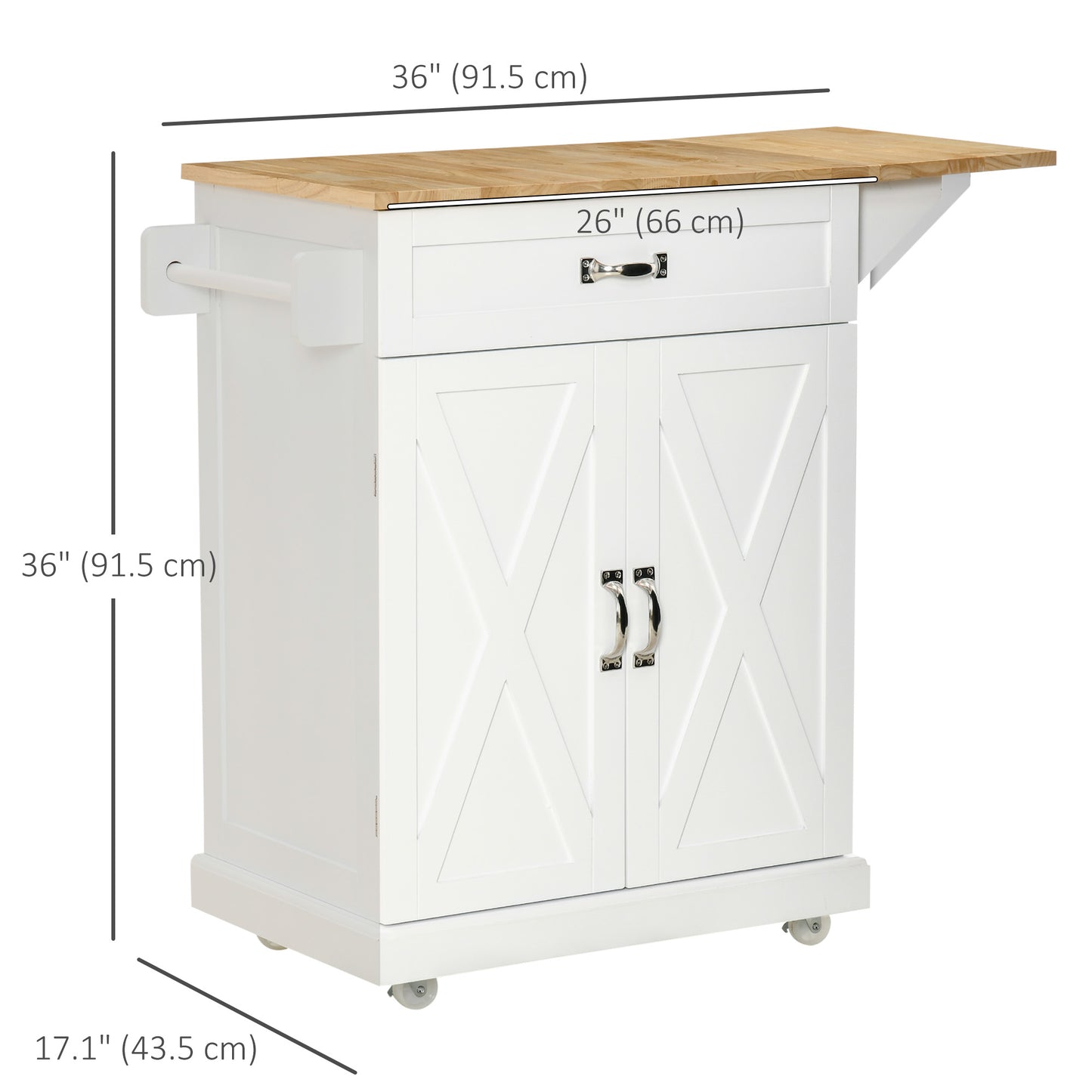 Foldable Kitchen Island with Storage Drawer, Farmhouse Style Rolling Utility Cart, Coffee Bar Cabinet on Wheels with Dro