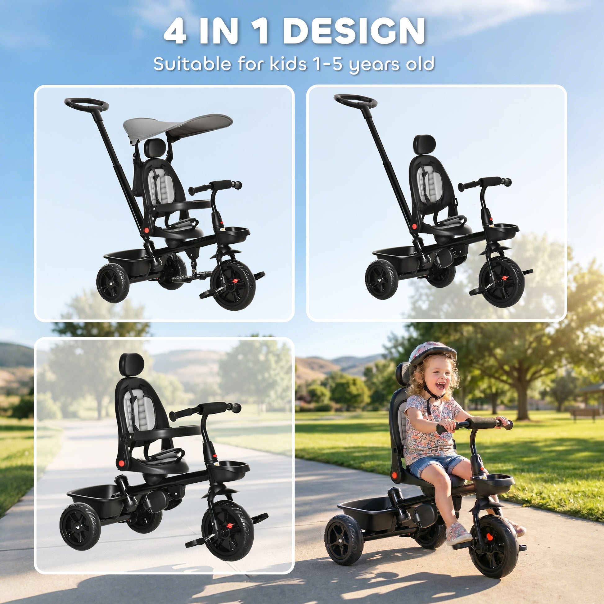 Qaba Tricycle for Toddler 5 in 1 Kids Trike, Converts Stroller to Toddler Bike, Adjustable Backrest & Flat Canopy, Detac
