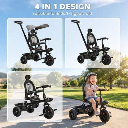Qaba Tricycle for Toddler 5 in 1 Kids Trike, Converts Stroller to Toddler Bike, Adjustable Backrest & Flat Canopy, Detac