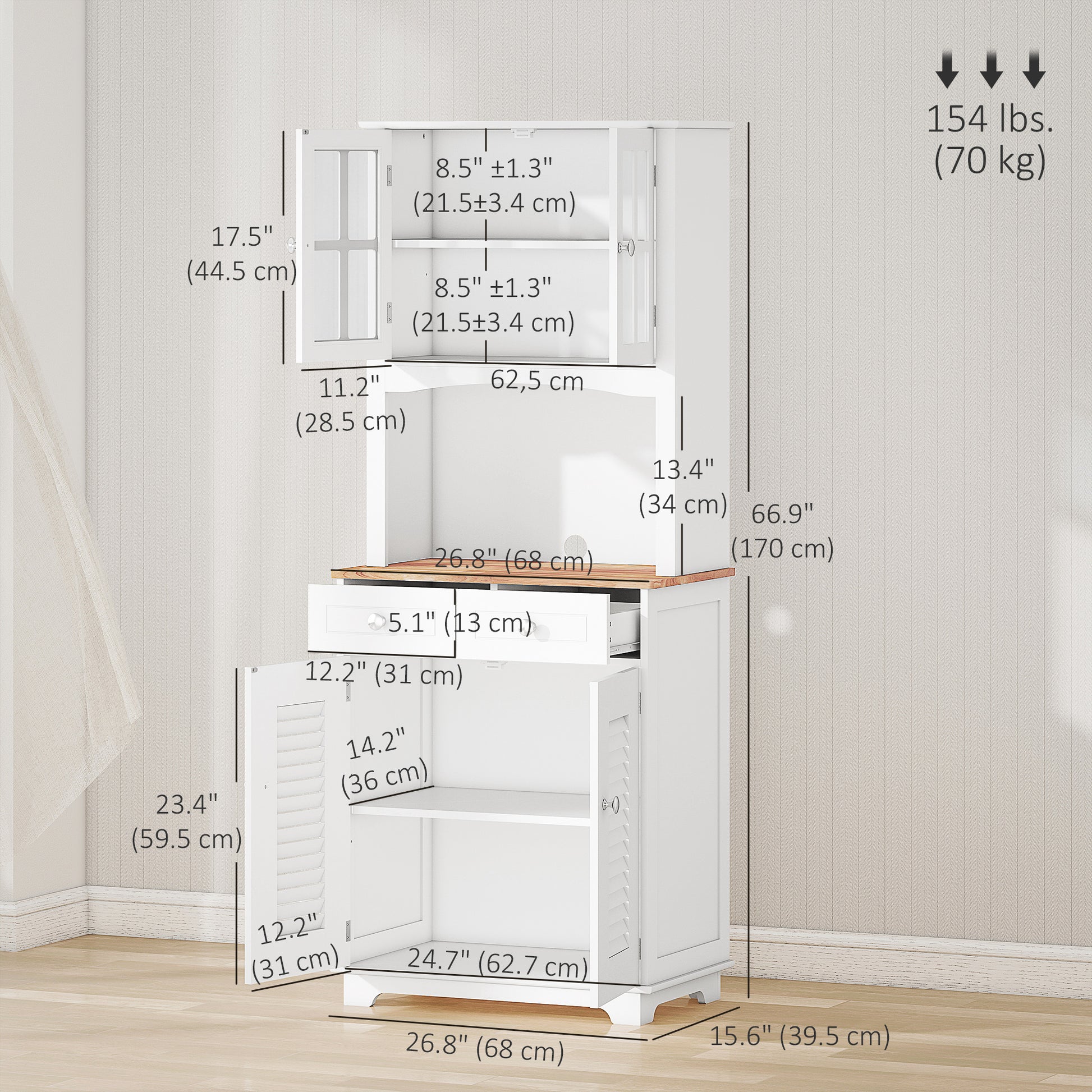 Coastal Style Kitchen Buffet and Hutch Wooden Storage Cupboard with Framed Glass Door LouveredCabinet  Drawers Microwave