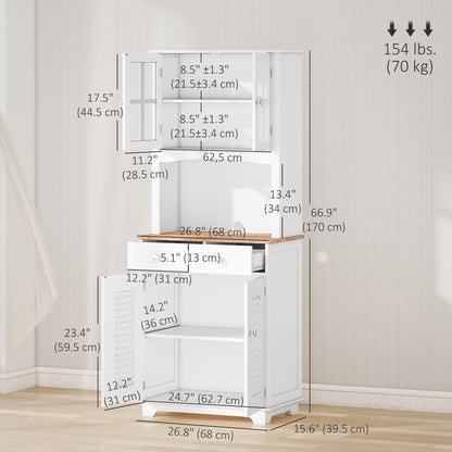 Coastal Style Kitchen Buffet and Hutch Wooden Storage Cupboard with Framed Glass Door LouveredCabinet  Drawers Microwave