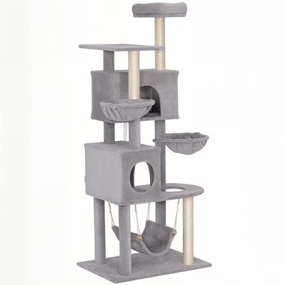 66 Inch Large Cat Tree with 2 Door Condos, 3 Big Hammocks, Plush Top Perch, Sisal Scratching Posts, Light Grey