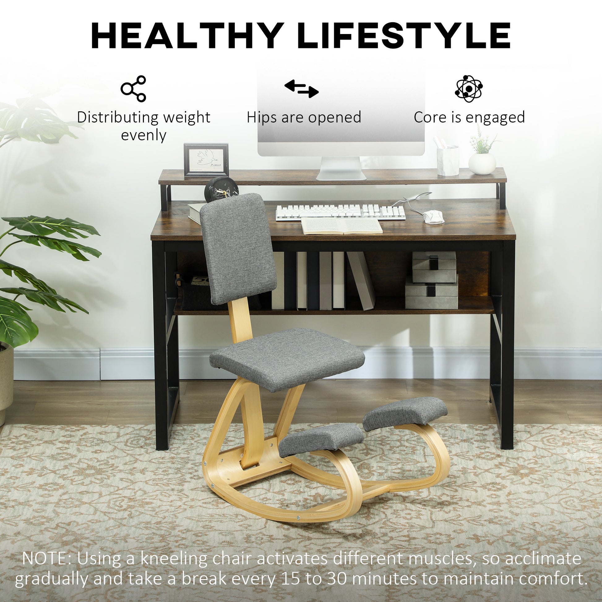 Ergonomic Kneeling Chair, Rocking Wood Kneel Stool with Backrest for Improve Posture, Back Pain, Grey