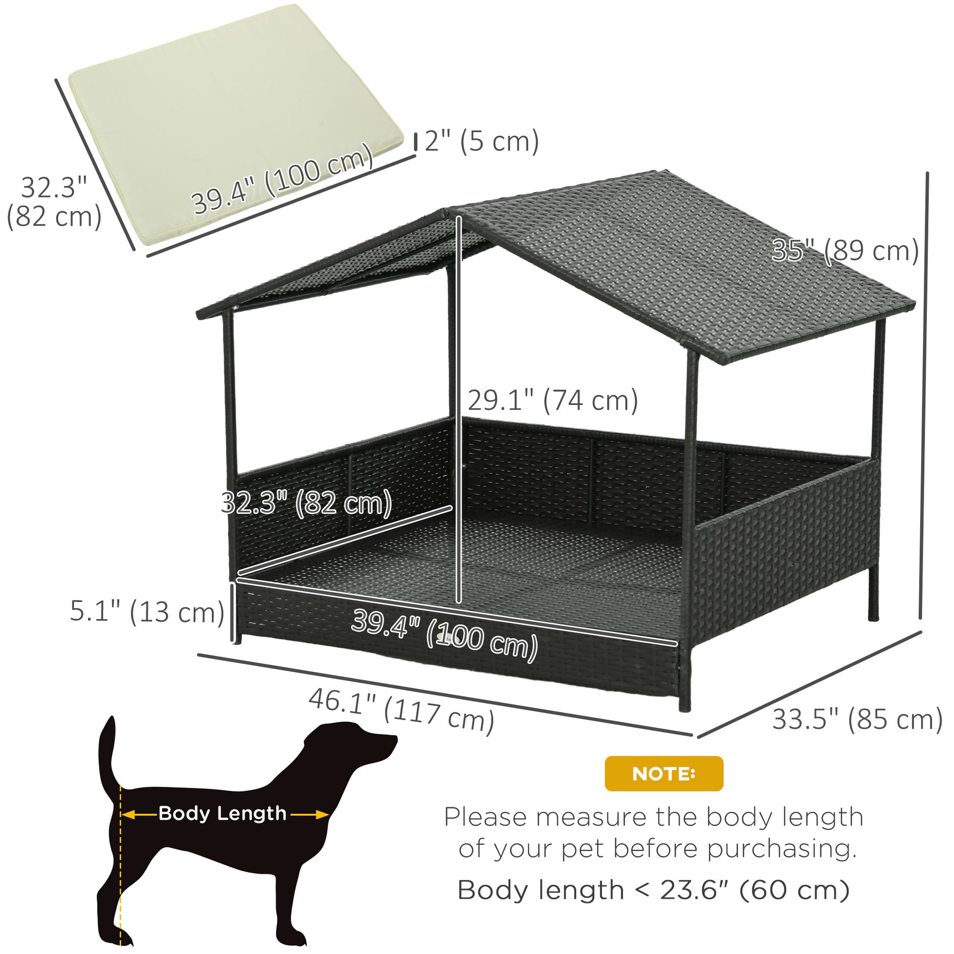 Rattan Dog House with Canopy, Wicker Dog Bed with Water-Resistant Cushion, for Small and Medium Breeds Cream White