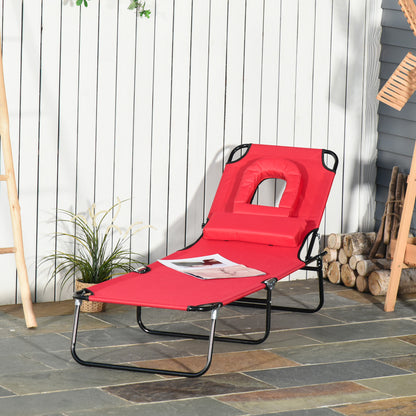 Folding Chaise Lounge Chair, Reclining Beach Tanning Chair with Face Hole, Pillow, 4-Position Adjustable Lay Flat Sun Lo