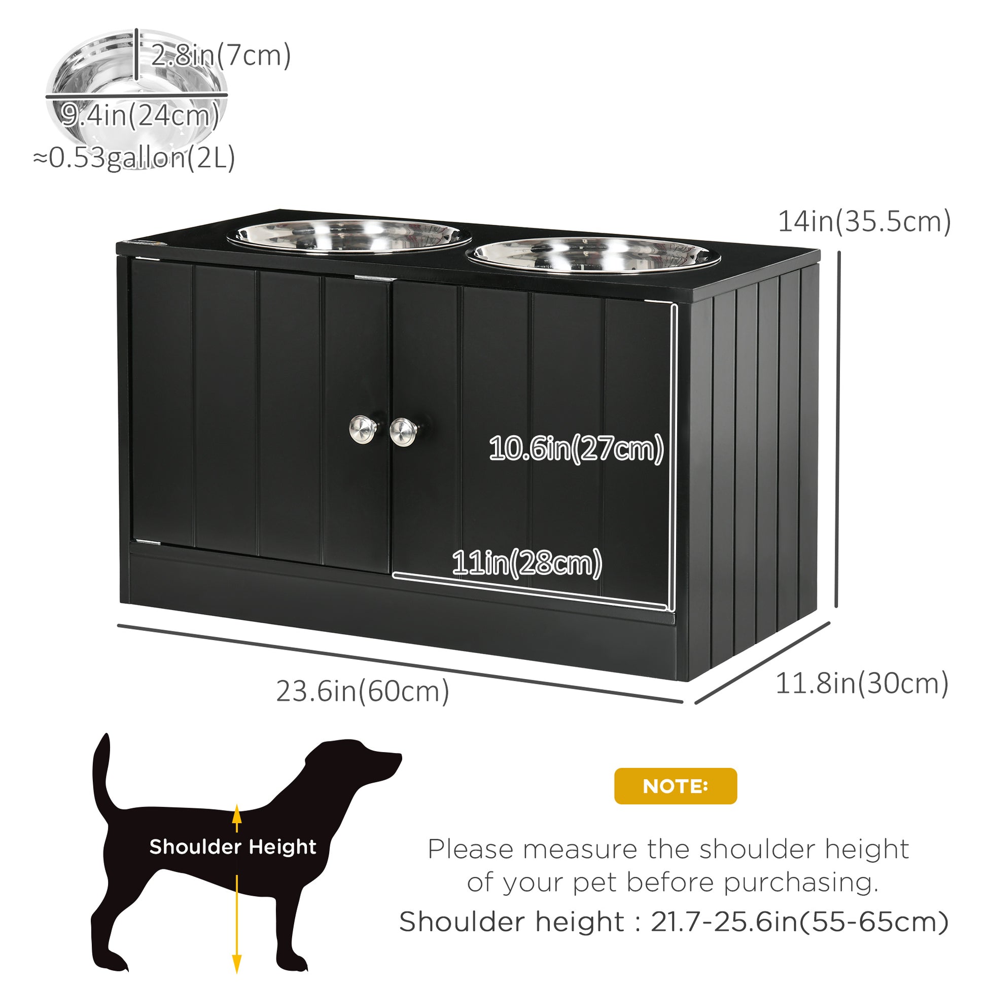 Elevated Dog Bowls for Large Dogs Pet Feeding Station with Stand, Storage, 2 Stainless Steel Food and Water Bowls, Black