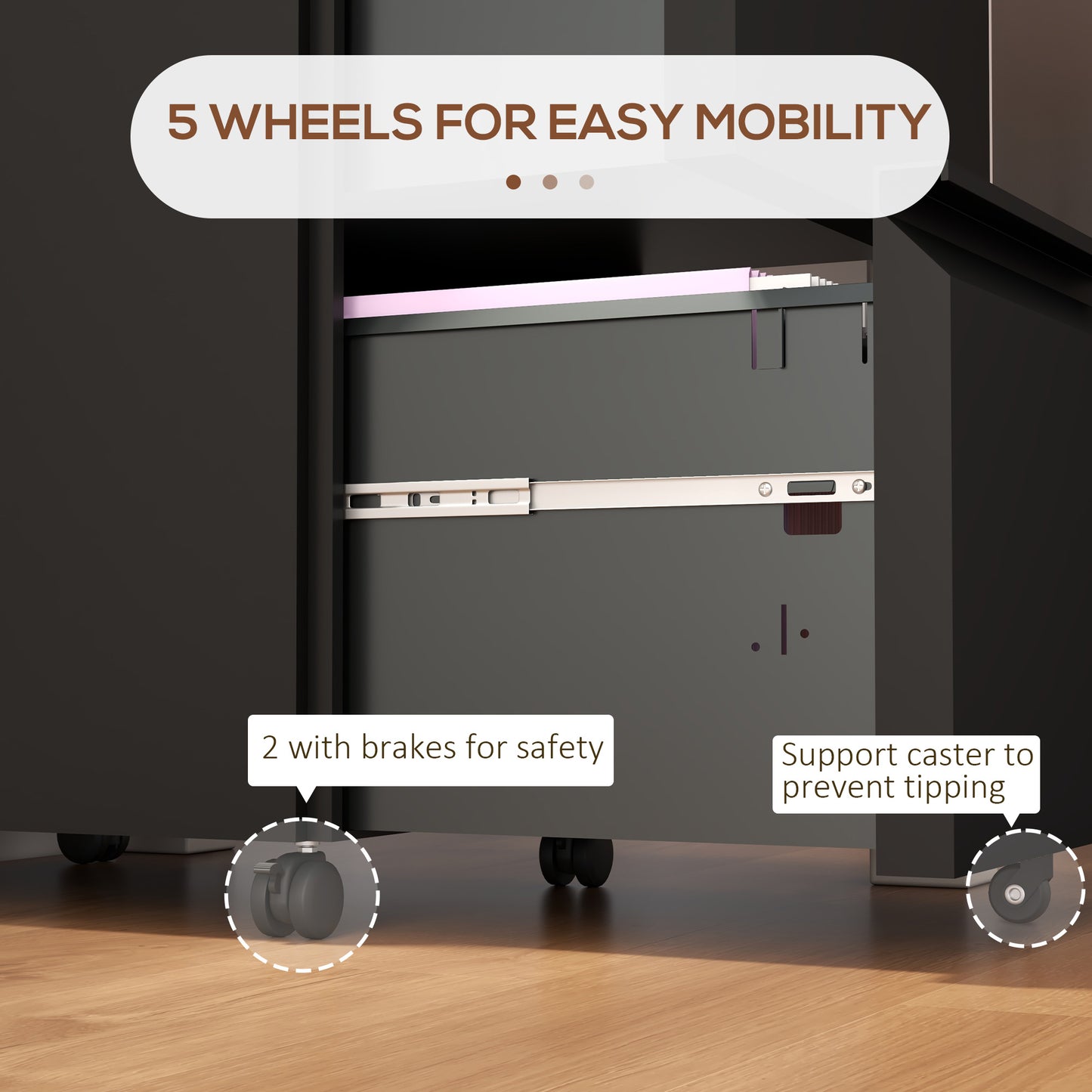 Mobile Vertical Filing Cabinet with Lock, 2-Drawer Steel File Cabinet with Adjustable Hanging Bar for Letter, A4 and Leg