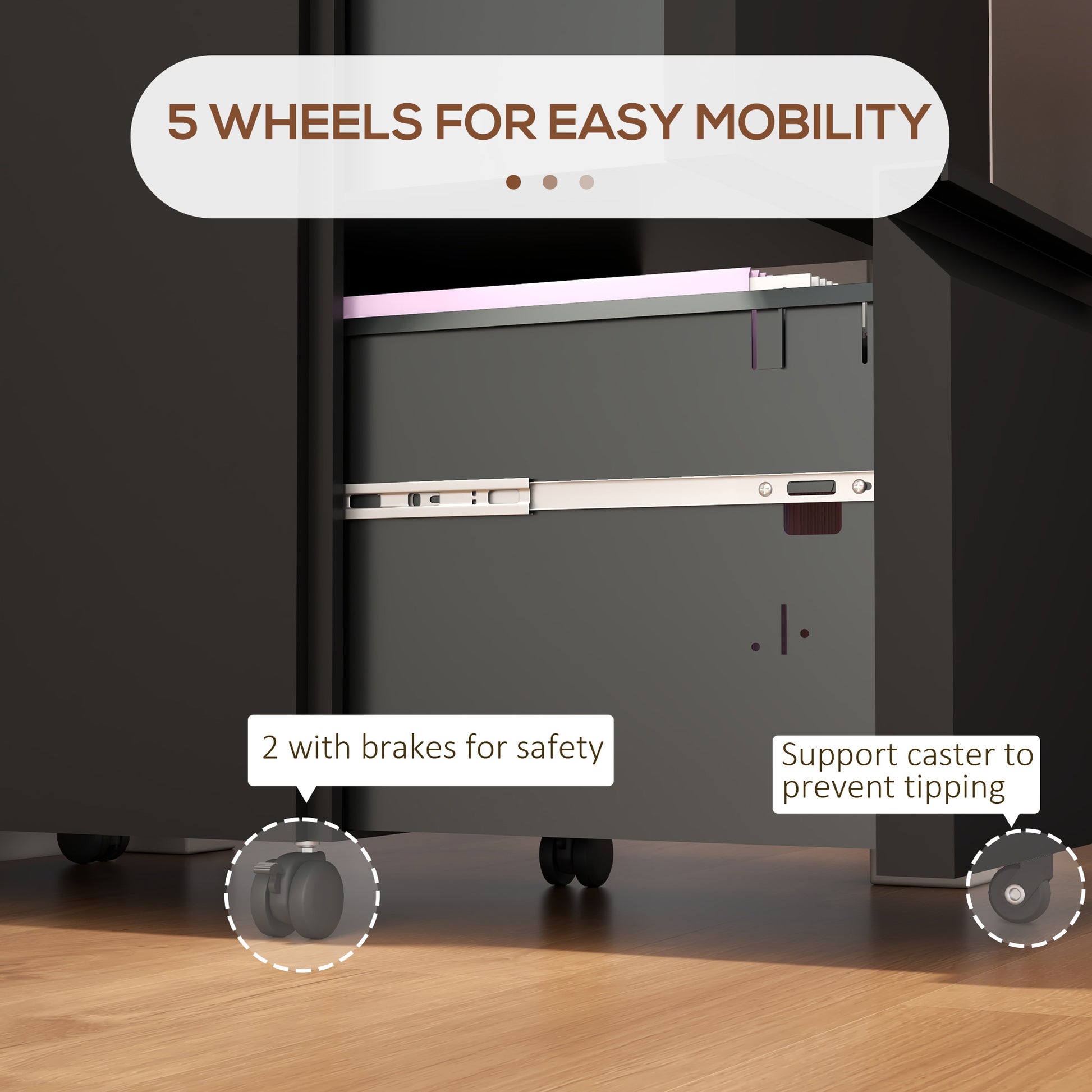 Mobile Vertical Filing Cabinet with Lock, 2-Drawer Steel File Cabinet with Adjustable Hanging Bar for Letter, A4 and Leg