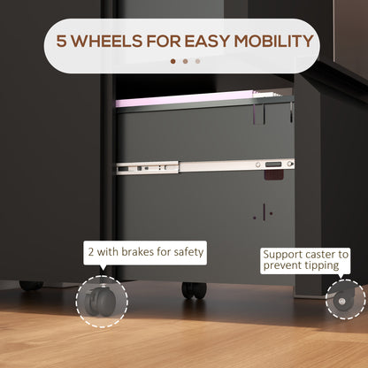 Mobile Vertical Filing Cabinet with Lock, 2-Drawer Steel File Cabinet with Adjustable Hanging Bar for Letter, A4 and Leg