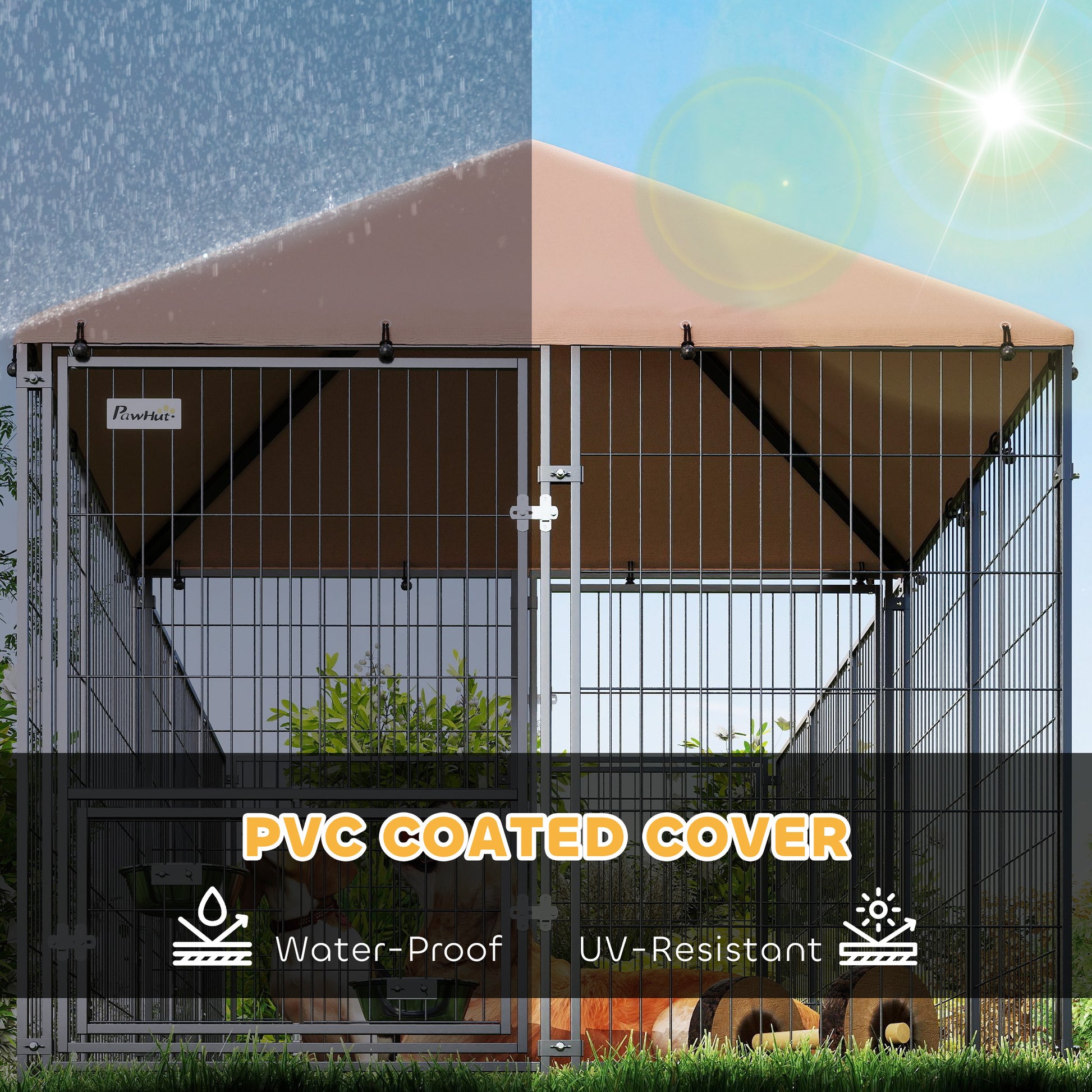 Outdoor Dog Kennel with Rotating and Adjustable Height Bowls, Waterproof UV-Resistant Cover, 11.3' x 4.7' x 5.1'