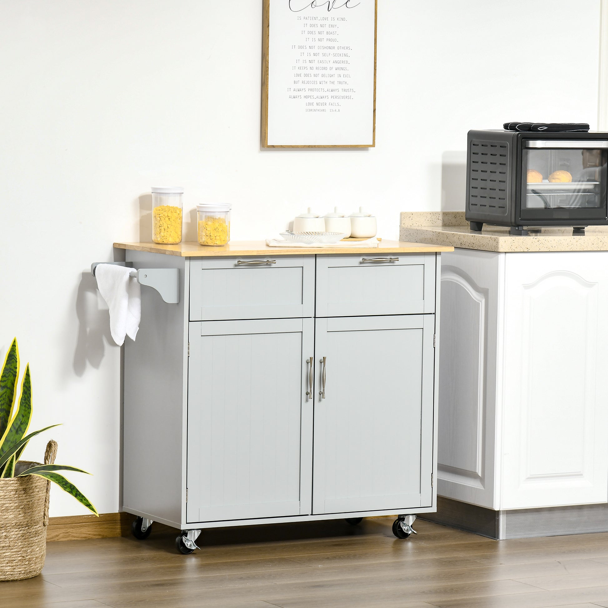 41" Kitchen Island with Storage and Solid Wood Top, Rolling Kitchen Cart on Wheels with 2 Storage Drawers, 2 Doors and T