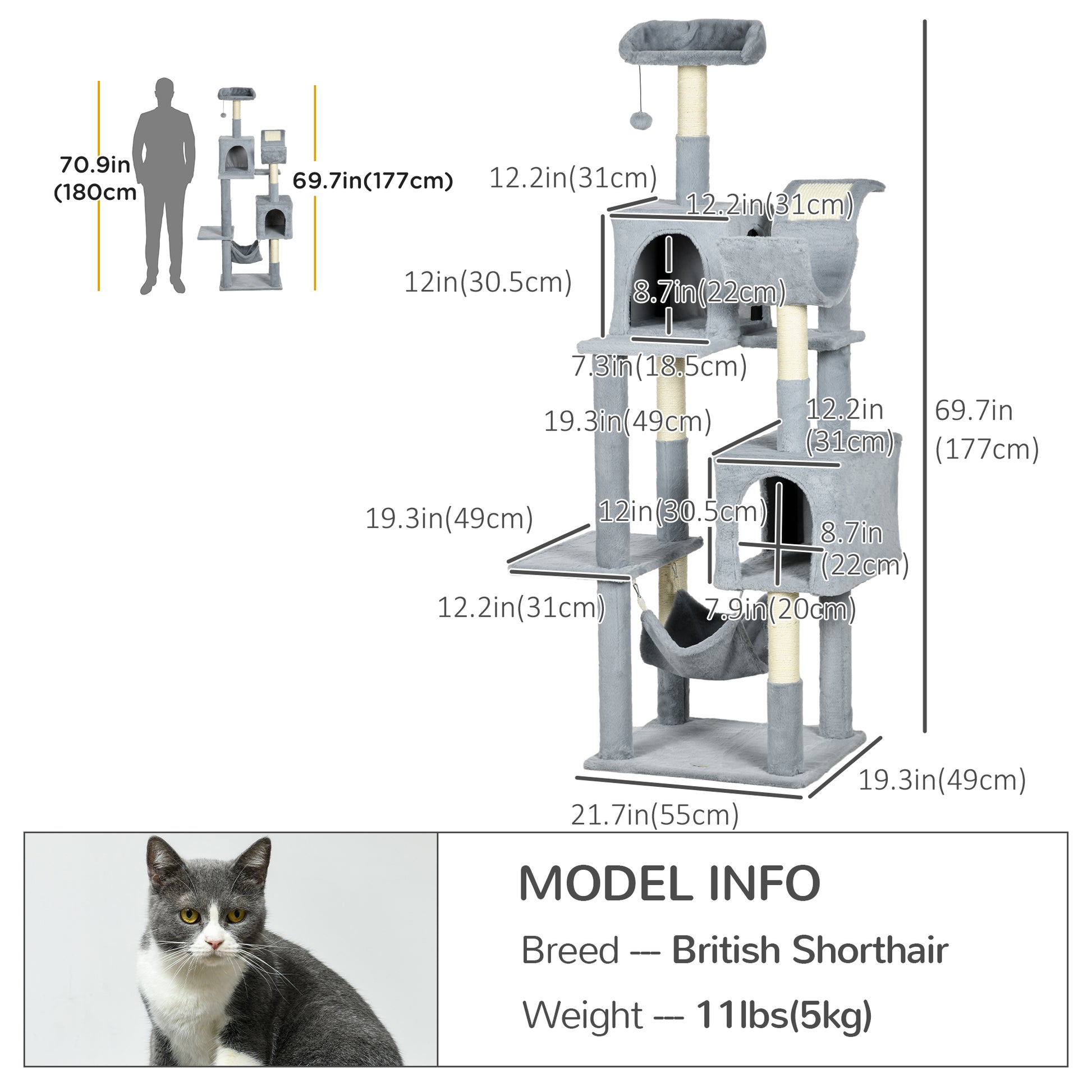 Tall Cat Tree for Indoor Cats, 70" Multi-Level Cat Tower with Hammock, Cat Bed, Cat Condo with Sisal Scratching Posts, B