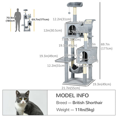 Tall Cat Tree for Indoor Cats, 70" Multi-Level Cat Tower with Hammock, Cat Bed, Cat Condo with Sisal Scratching Posts, B