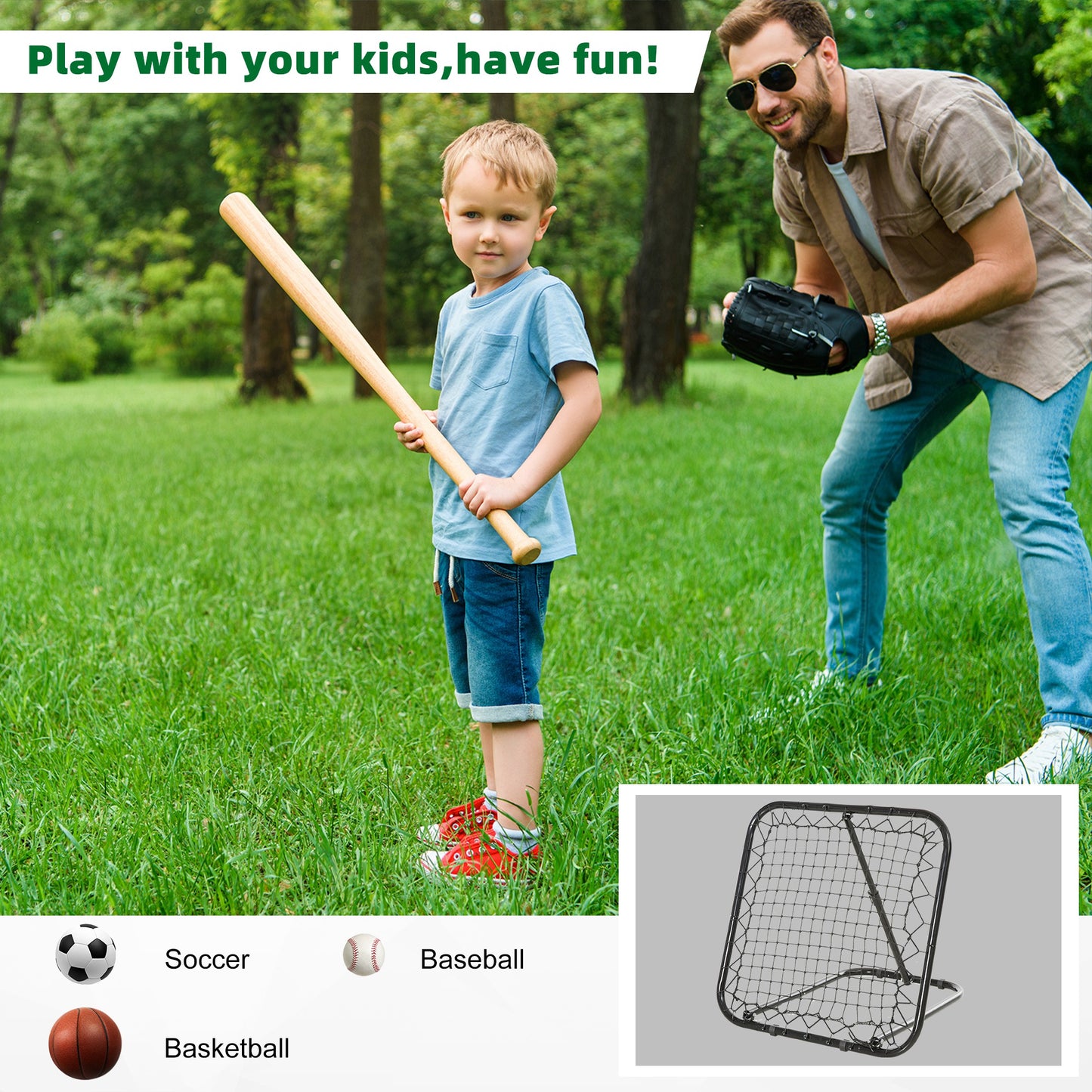 Soozier Soccer Rebounder Net, 3' x 3', Angle Adjustable Baseball Rebounder Net Training Equipment Aid with Quick Folding