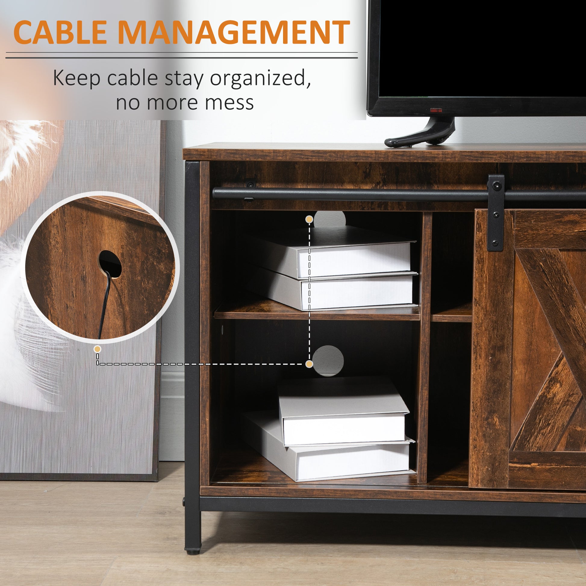 Industrial TV Stand for TVs up to 60", TV Console with Storage and 2 Sliding Barn Doors, Freestanding Entertainment Unit