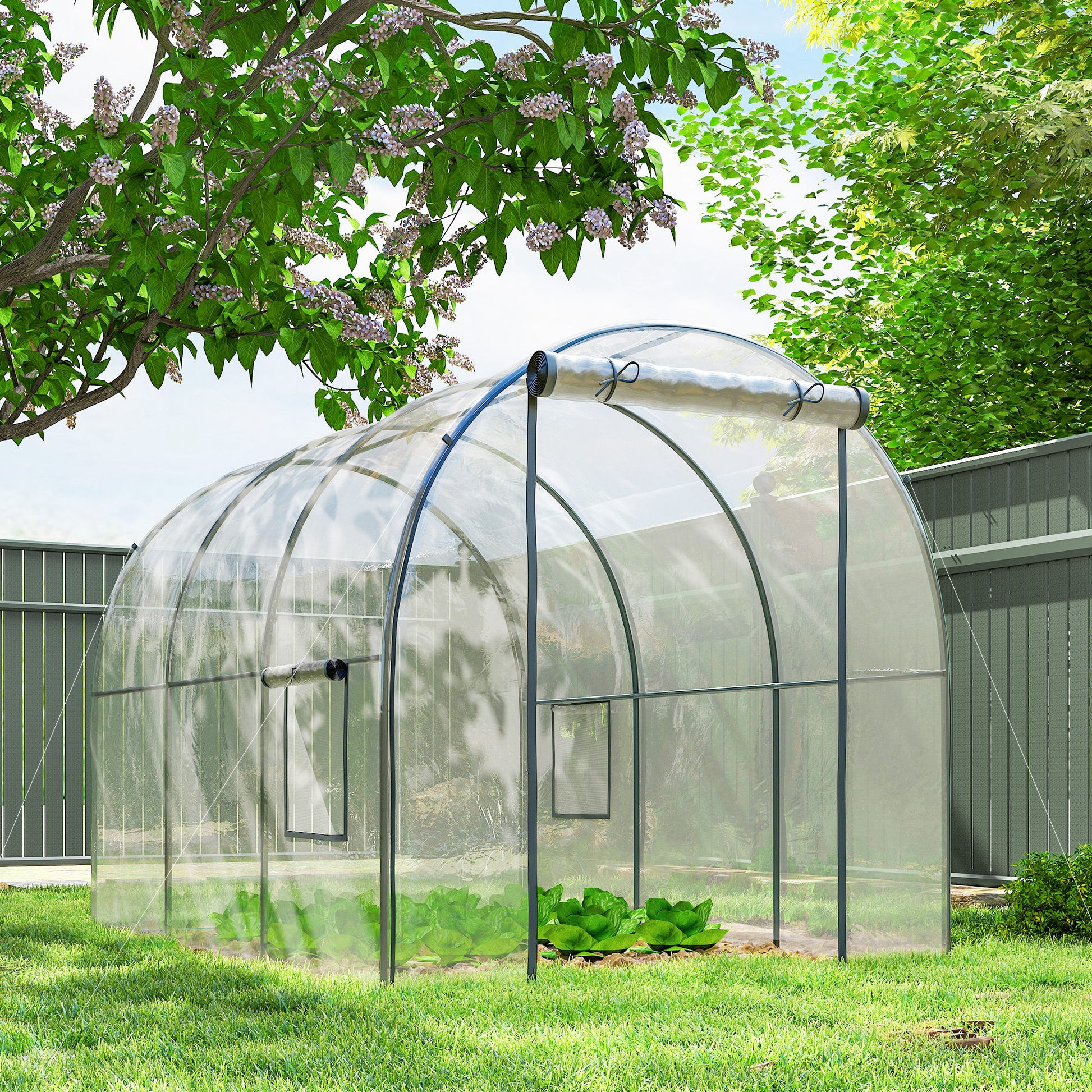 Polytunnel Greenhouse with Roll-up Door and Mesh Window, Walk-in Grow House Tent with Steel Frame, 3 x 2 x 2 m, Clear