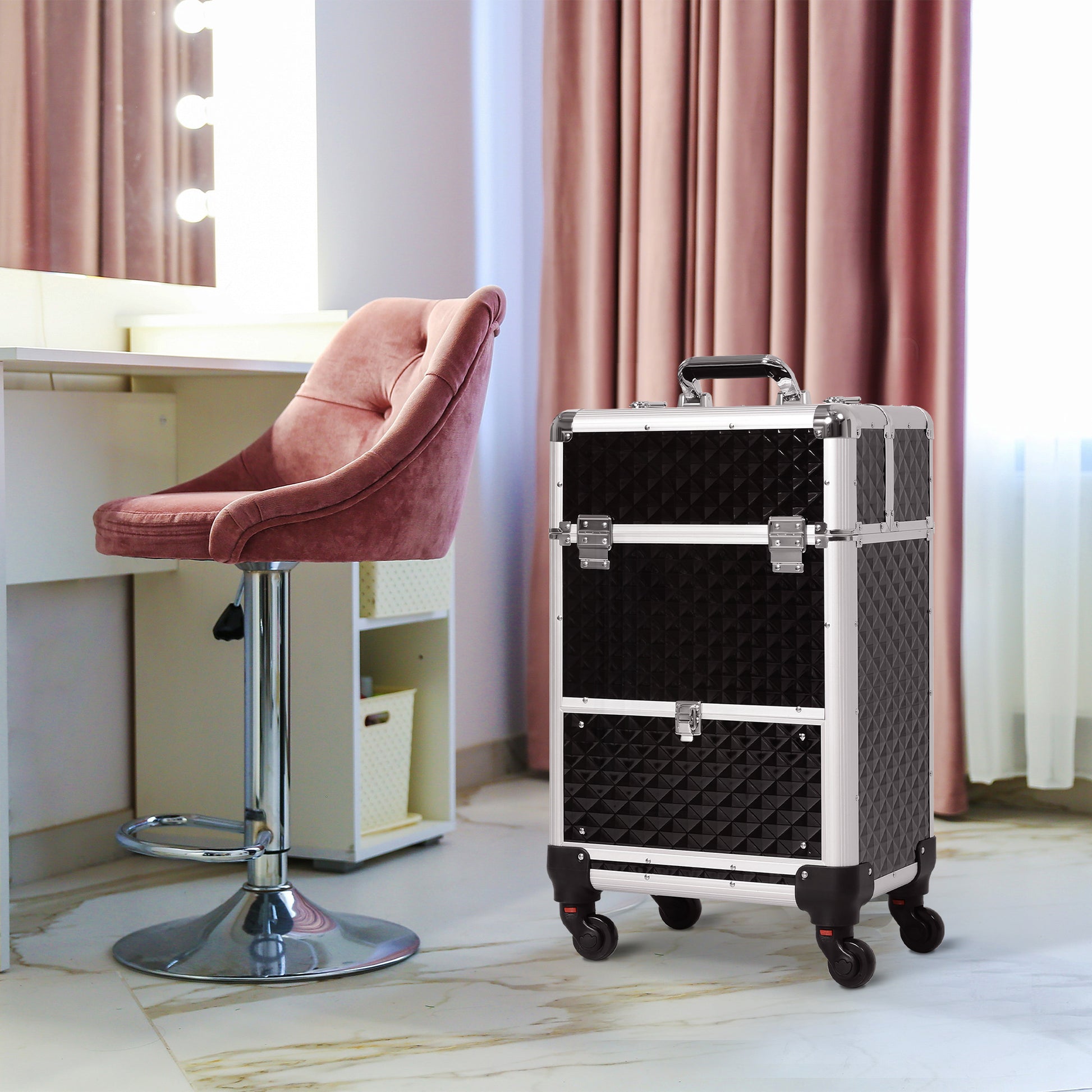 Portable Aluminum Makeup Train Cases, Rolling Makeup Case, Salon Beauty Cosmetic Jewelry Organizer Trolley with 4 Wheels