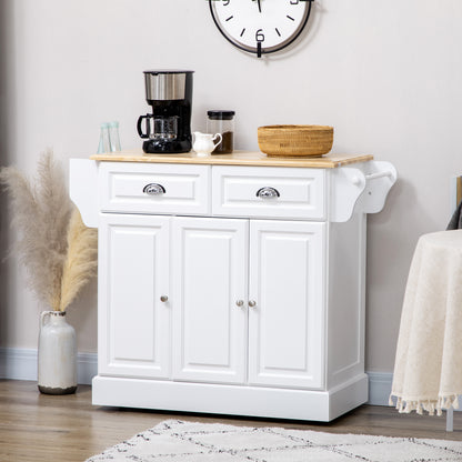 Kitchen Island With Storage Rolling Kitchen Serving Cart with Rubber Wood Top Towel Rack Storage Drawer Cabinet, White