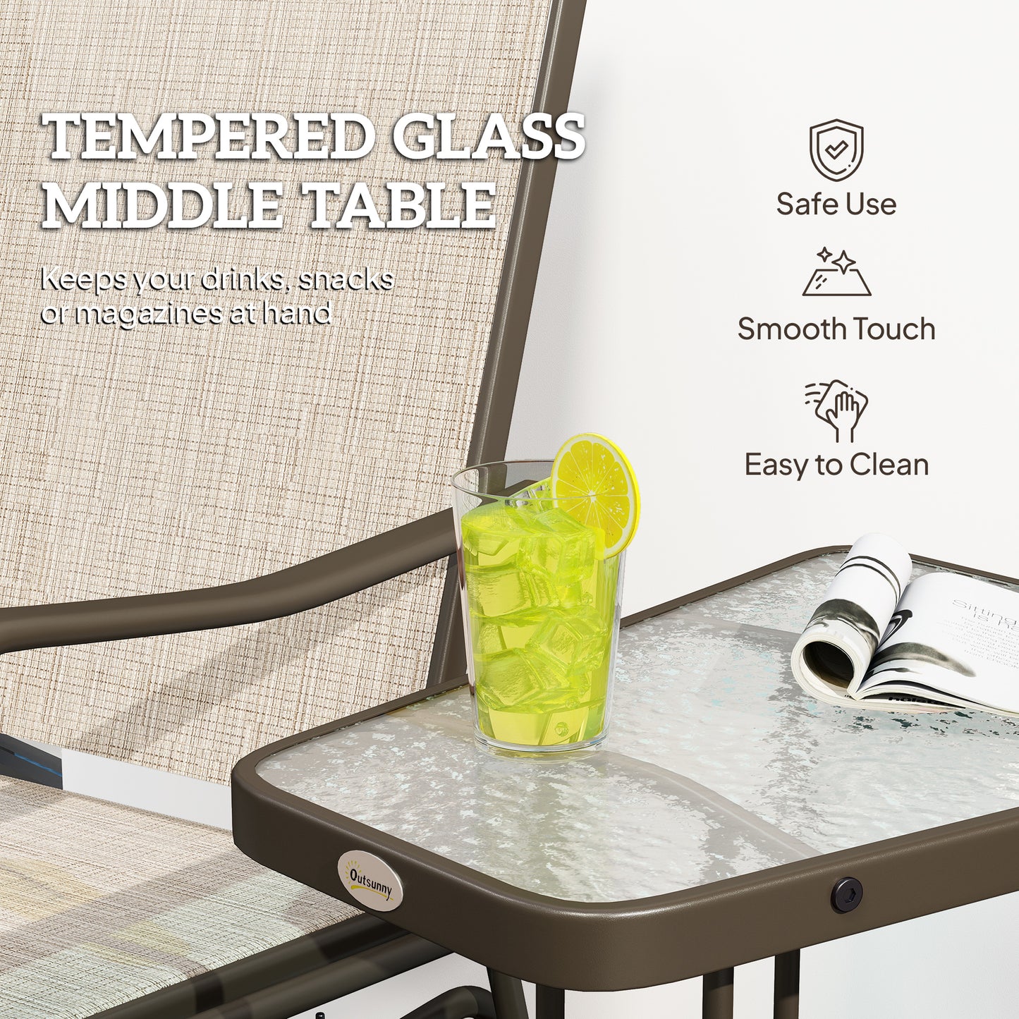 Double Patio Glider Chair with Glass Top Center Table, Outdoor Glider Loveseat with High Back,  All Weather Breathable M