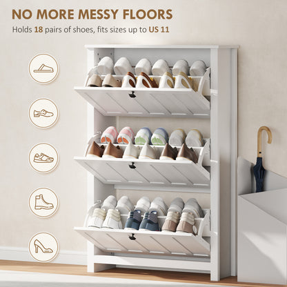 Slim Shoe Cabinet with 3 Flip Drawers, Shoe Storage Cabinet with Adjustable Shelves for Entryway, Holds 18 Pairs, White