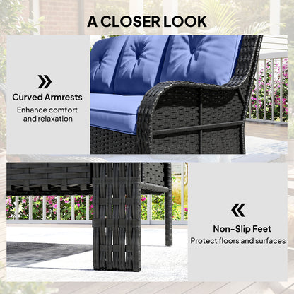 Wicker Patio Sofa with Cushions, 3 Seater Rattan Outdoor Couch for Patio, Garden, Porch, Backyard, Deep Blue