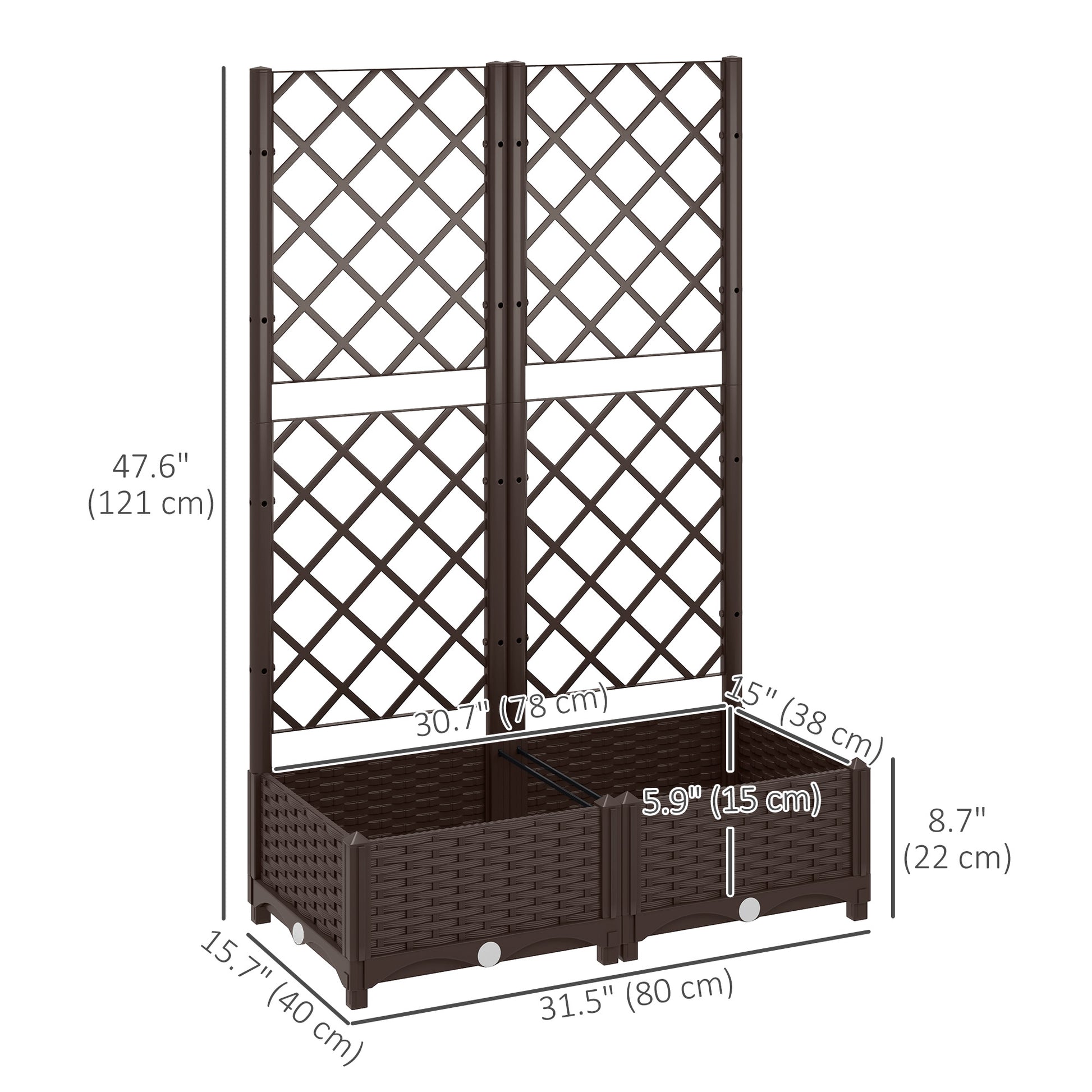 Raised Garden Bed with Trellis, Plastic Raised Flower Bed with Drainage Holes and Drain Plugs, 32" x 16" x 48"