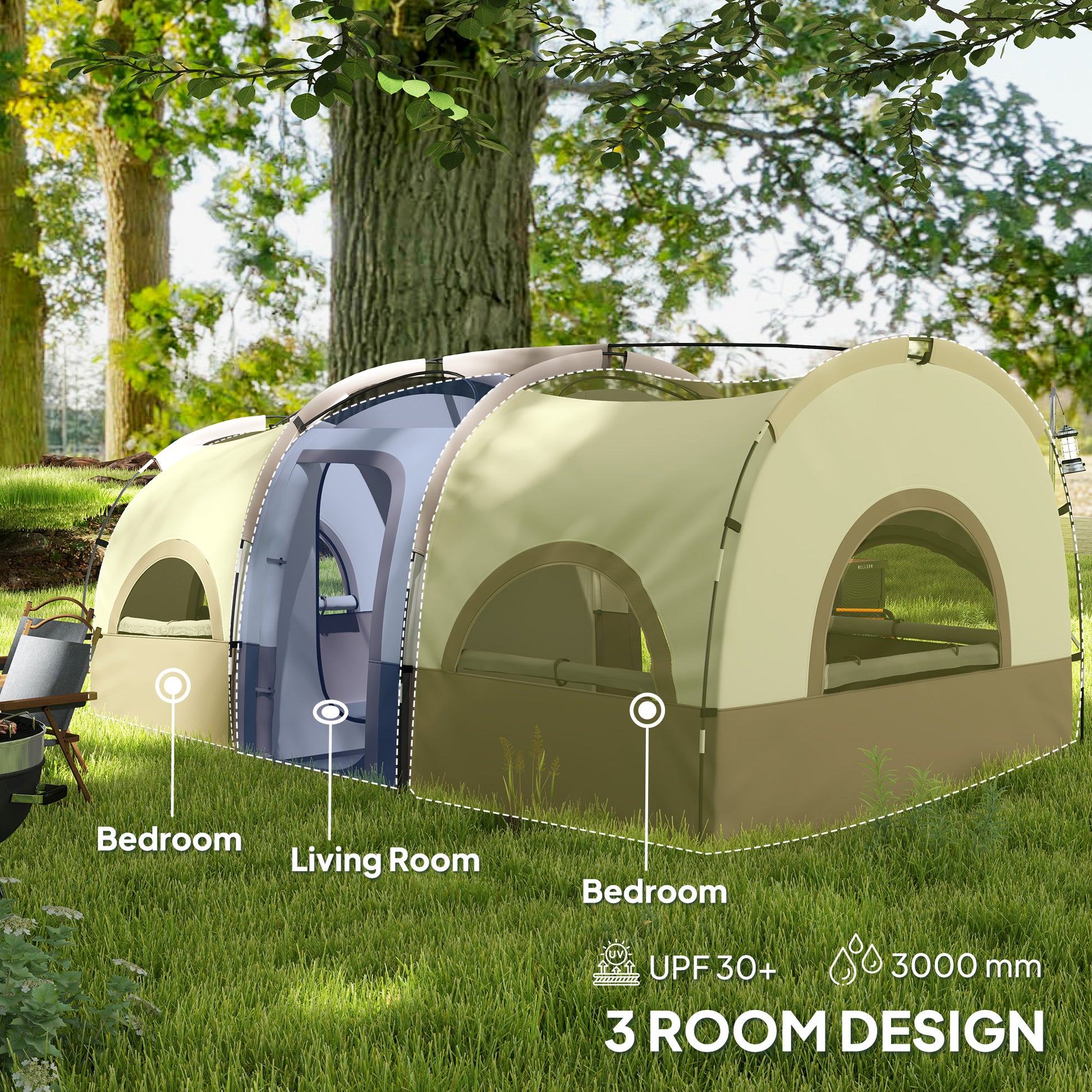4 Person Camping Tent, 3 Room Cabin Tent, 3000mm Waterproof and UPF30+ with Sewn in Groundsheet and Carry Bag, Khaki
