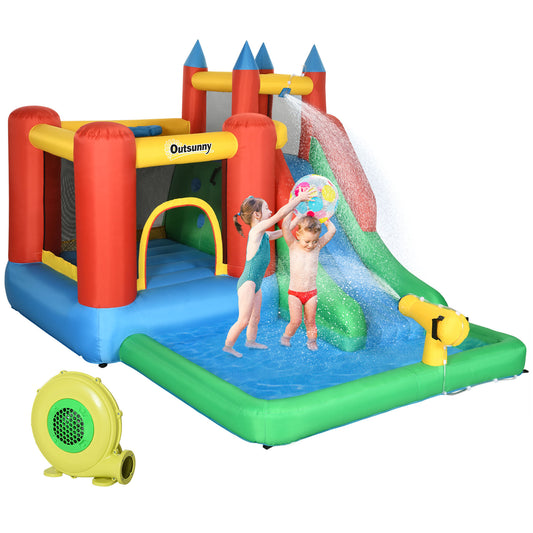 Kids Inflatable 6 in 1 Bouncy Castle House Trampoline Slide Water Pool Gun Climbing Wall Basket with Inflator for Kids A