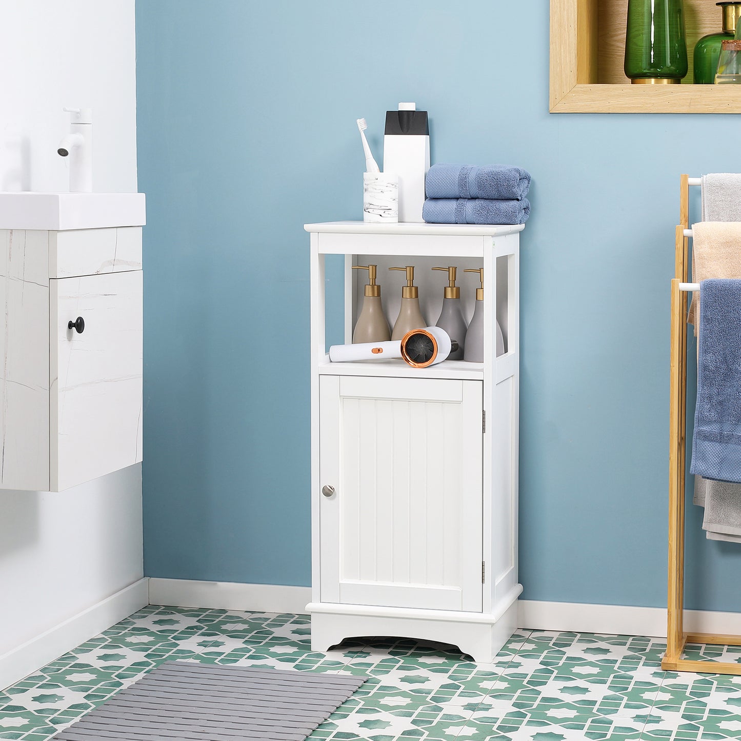 Modern Bathroom Floor Cabinet with Open Shelf, Freestanding Storage Organizer Unit with Single Door for Home Office, Liv