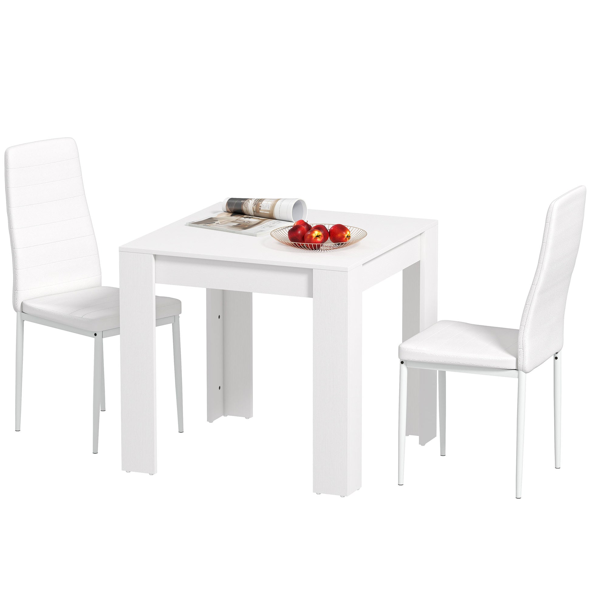 Dining Table Set for 2, Square Kitchen Table and Chairs, Dining Room Table and PU Leather Upholstered Chairs, White